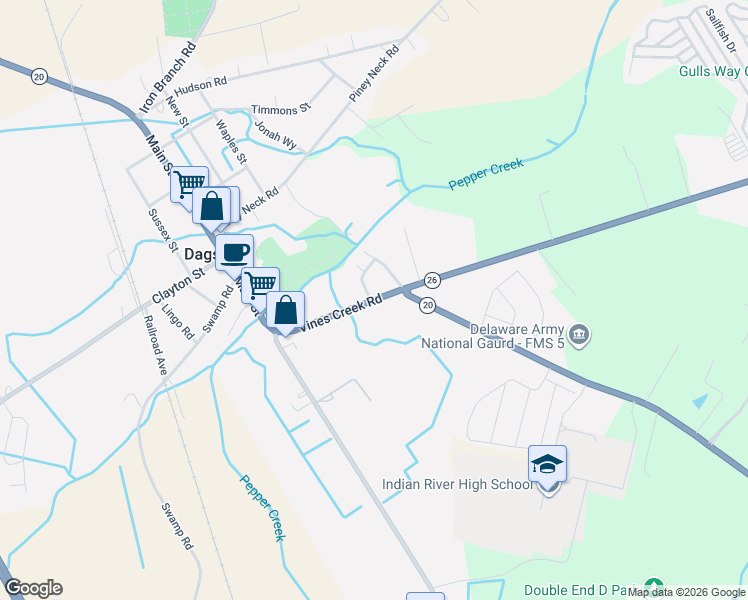 map of restaurants, bars, coffee shops, grocery stores, and more near 29482 Vines Creek Road in Dagsboro