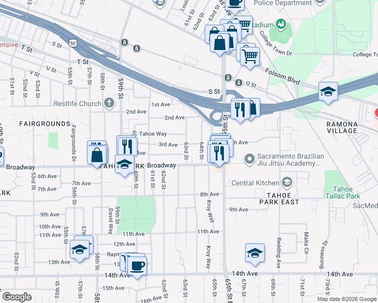 map of restaurants, bars, coffee shops, grocery stores, and more near 6301 Broadway in Sacramento