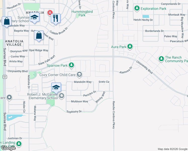 map of restaurants, bars, coffee shops, grocery stores, and more near 12019 Erato Circle in Rancho Cordova