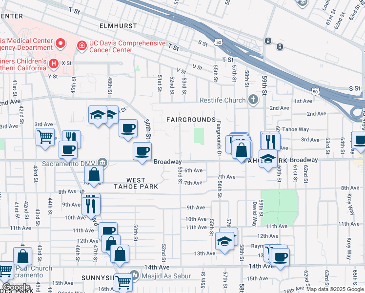 map of restaurants, bars, coffee shops, grocery stores, and more near 100 Fairgrounds Drive in Sacramento
