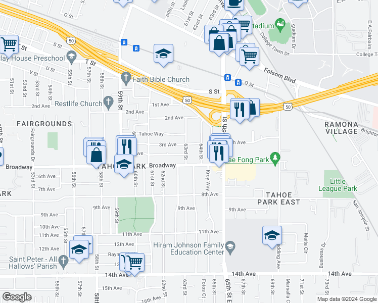 map of restaurants, bars, coffee shops, grocery stores, and more near 2809 63rd Street in Sacramento