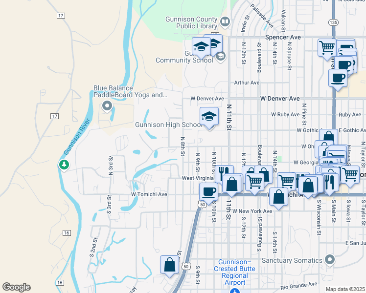 map of restaurants, bars, coffee shops, grocery stores, and more near 600 North 8th Street in Gunnison