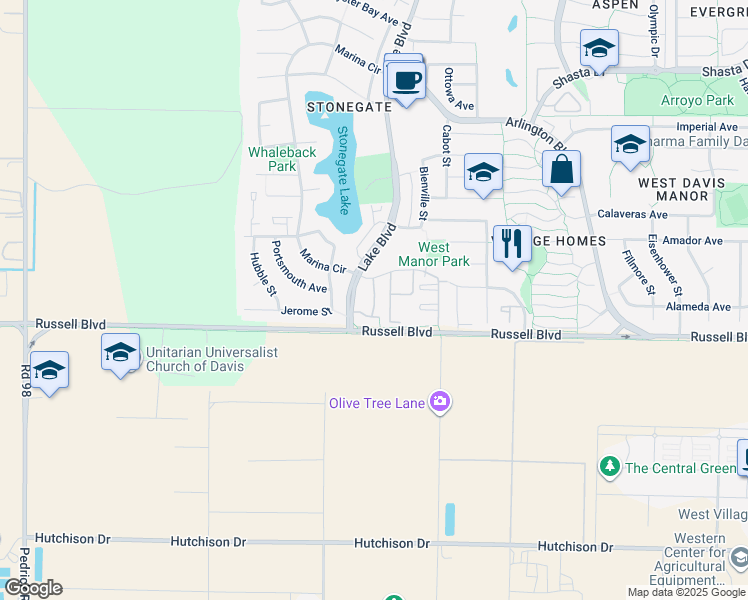 map of restaurants, bars, coffee shops, grocery stores, and more near 510 Lake Boulevard in Davis