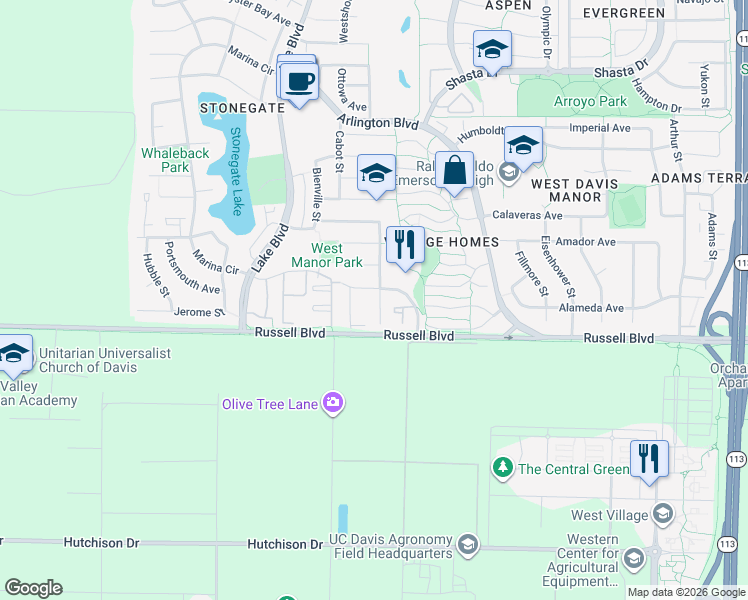map of restaurants, bars, coffee shops, grocery stores, and more near 535 Hudson Court in Davis