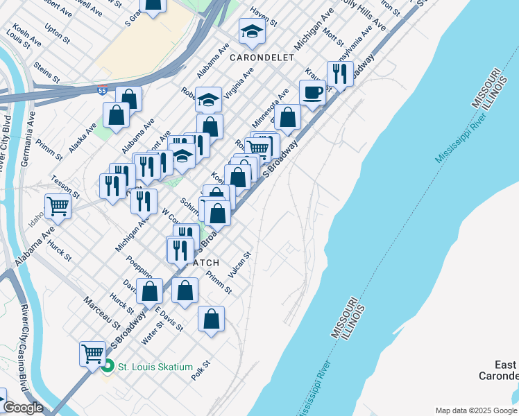 map of restaurants, bars, coffee shops, grocery stores, and more near 205 Koeln Avenue in St. Louis