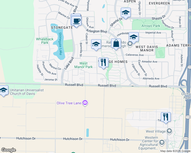 map of restaurants, bars, coffee shops, grocery stores, and more near 535 Hudson Court in Davis