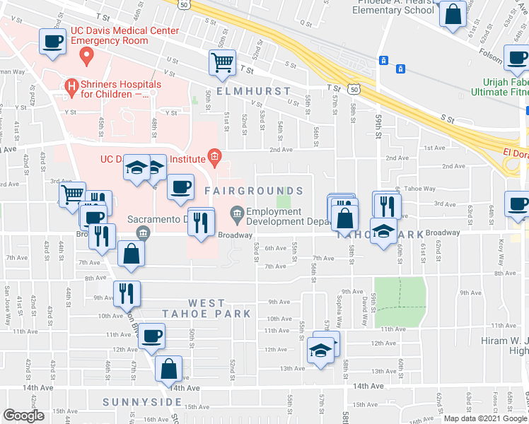 map of restaurants, bars, coffee shops, grocery stores, and more near 289 Fairgrounds Drive in Sacramento