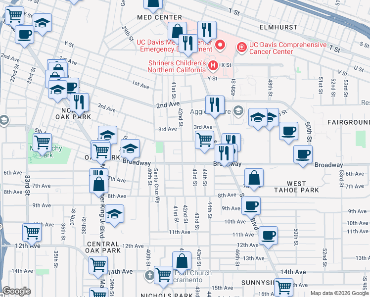 map of restaurants, bars, coffee shops, grocery stores, and more near 4173 4th Avenue in Sacramento