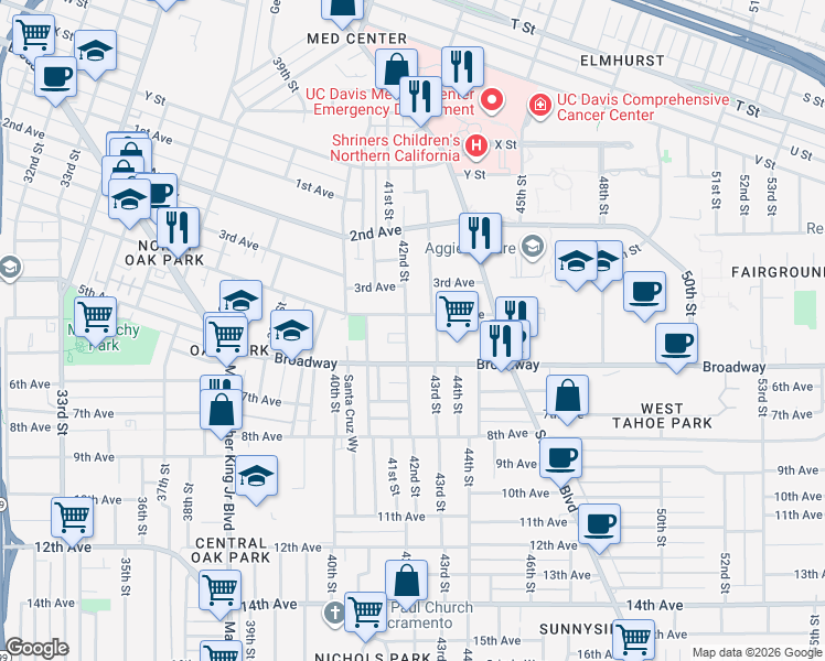 map of restaurants, bars, coffee shops, grocery stores, and more near 4173 4th Avenue in Sacramento