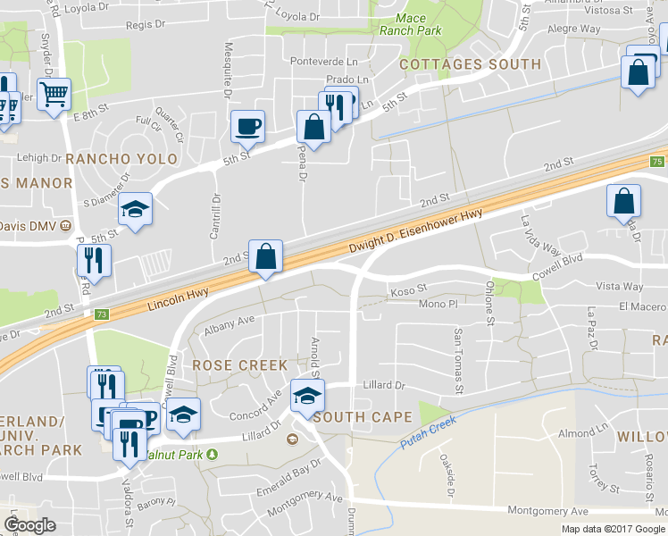 map of restaurants, bars, coffee shops, grocery stores, and more near 3030 Cowell Boulevard in Davis