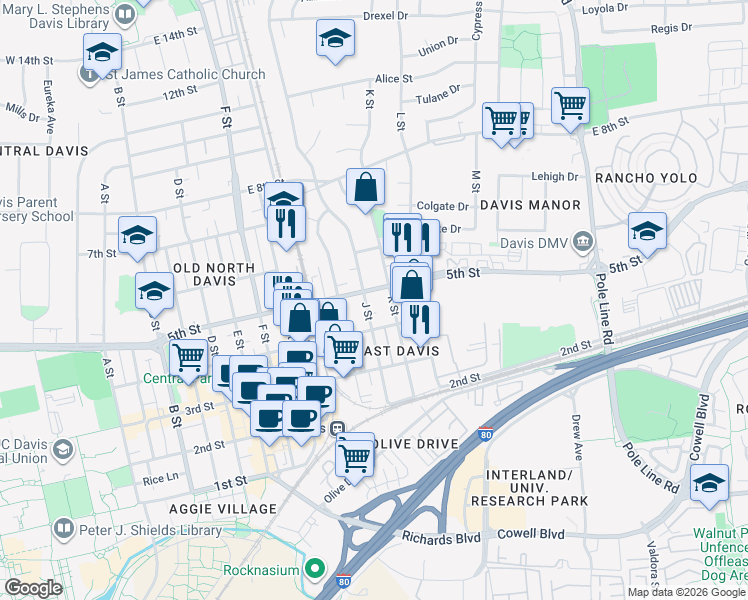 map of restaurants, bars, coffee shops, grocery stores, and more near 1205 5th Street in Davis