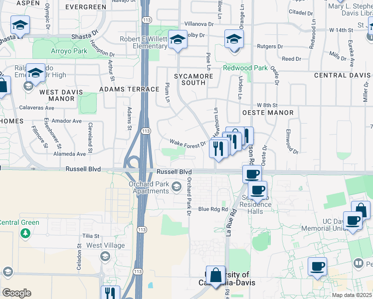 map of restaurants, bars, coffee shops, grocery stores, and more near 1313 Wake Forest Drive in Davis