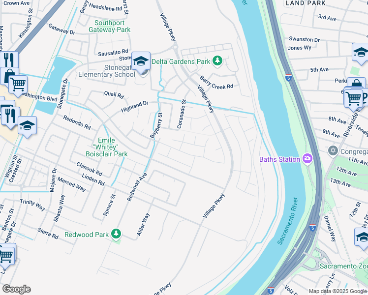 map of restaurants, bars, coffee shops, grocery stores, and more near 1526 Bayside Road in West Sacramento