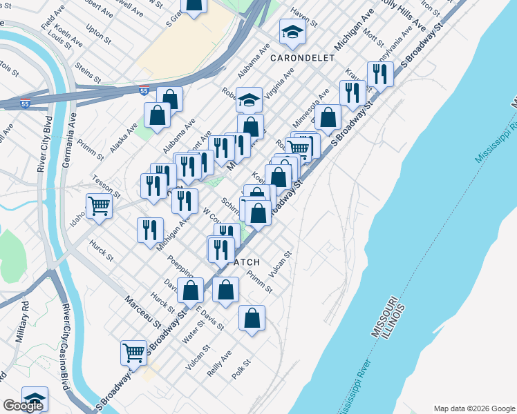 map of restaurants, bars, coffee shops, grocery stores, and more near 7500 Pennsylvania Avenue in St. Louis