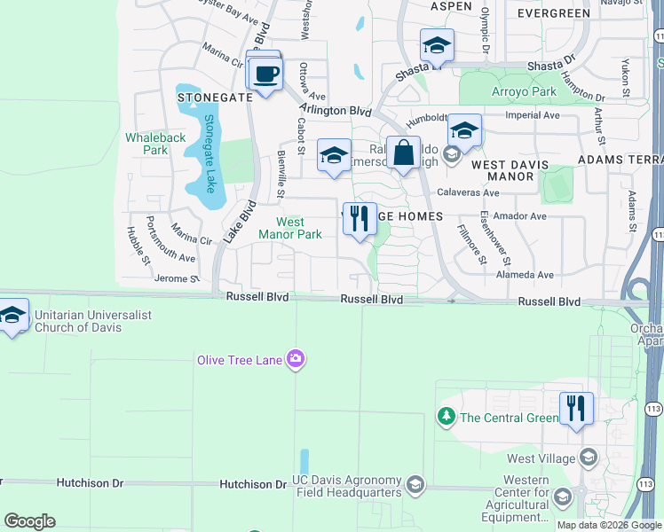 map of restaurants, bars, coffee shops, grocery stores, and more near 2703 Portage Bay East in Davis