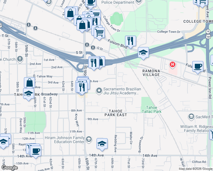 map of restaurants, bars, coffee shops, grocery stores, and more near 6730 4th Avenue in Sacramento