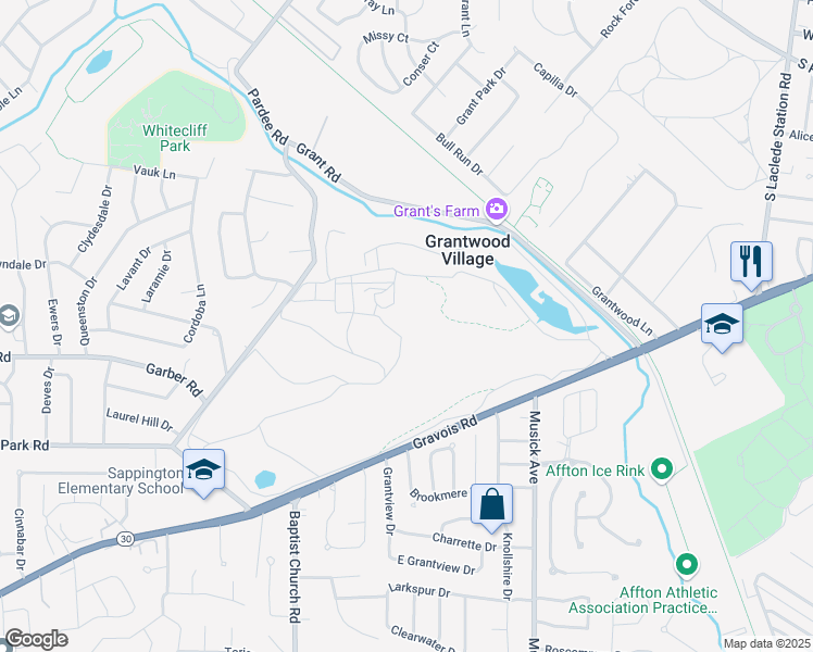 map of restaurants, bars, coffee shops, grocery stores, and more near 7400 Grant Road in St. Louis