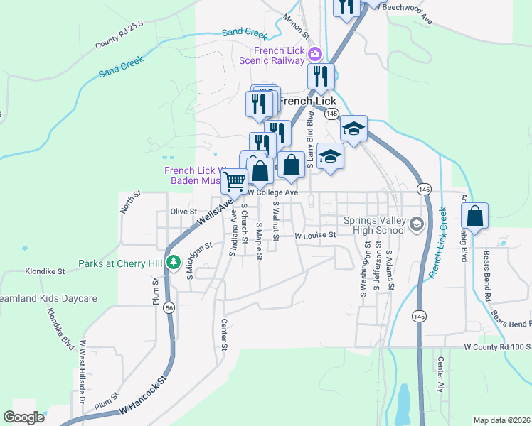 map of restaurants, bars, coffee shops, grocery stores, and more near 556 South Maple Street in French Lick
