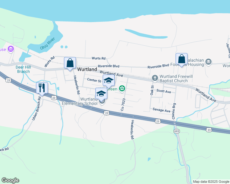 map of restaurants, bars, coffee shops, grocery stores, and more near Center Ave in Wurtland