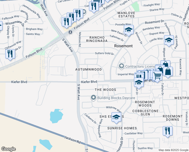 map of restaurants, bars, coffee shops, grocery stores, and more near 8980 Glen Alder Way in Sacramento