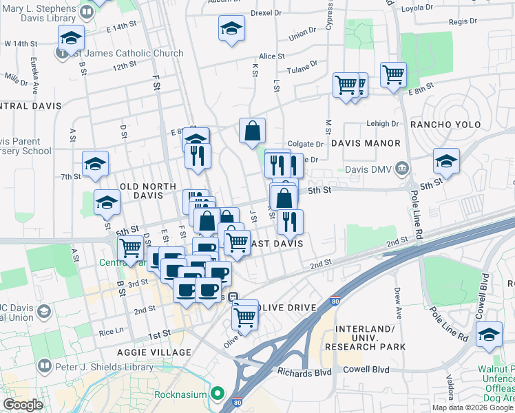 map of restaurants, bars, coffee shops, grocery stores, and more near 434 J Street in Davis