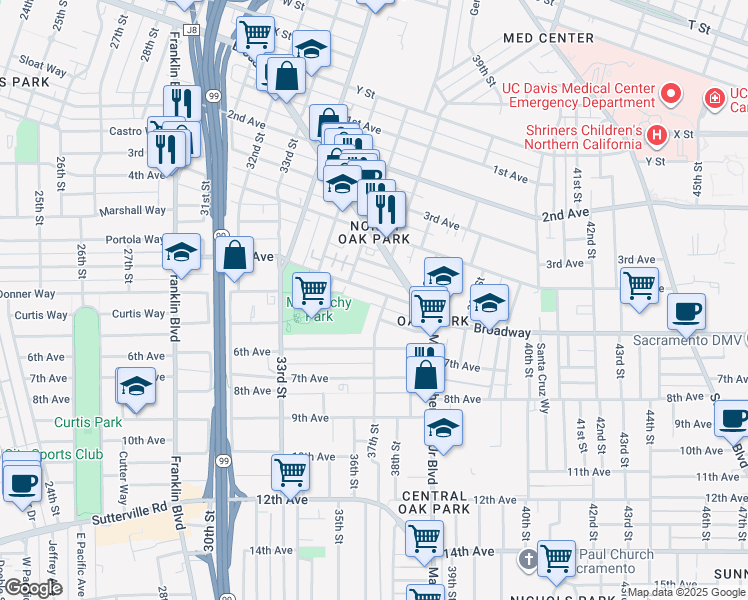 map of restaurants, bars, coffee shops, grocery stores, and more near 3671 5th Avenue in Sacramento