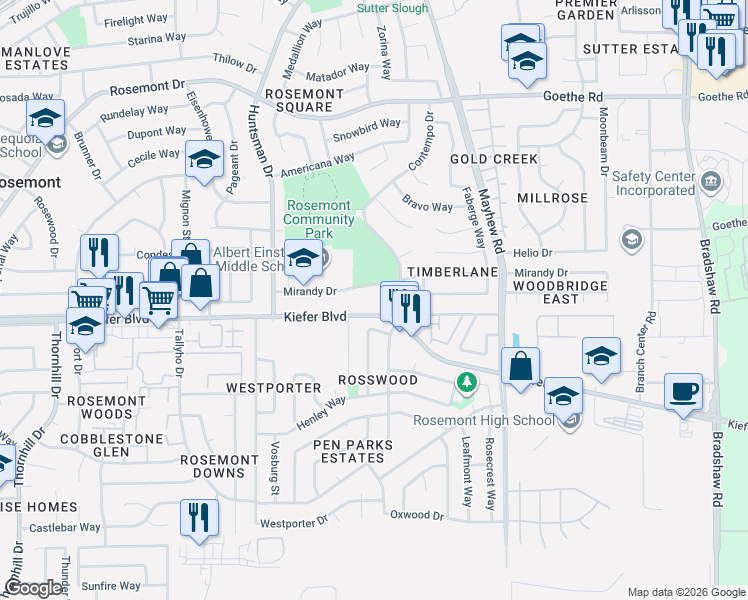 map of restaurants, bars, coffee shops, grocery stores, and more near 9364 Mirandy Drive in Sacramento