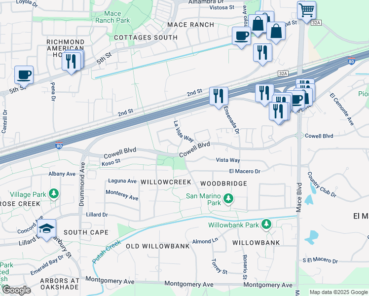 map of restaurants, bars, coffee shops, grocery stores, and more near 310 Becerra Way in Davis