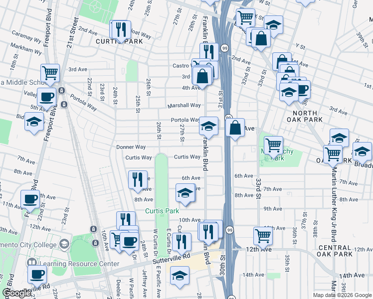 map of restaurants, bars, coffee shops, grocery stores, and more near 3025 27th Street in Sacramento