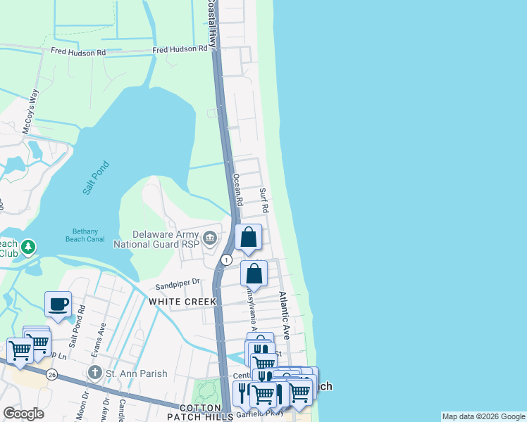 map of restaurants, bars, coffee shops, grocery stores, and more near 39829 Dukes Road in Bethany Beach