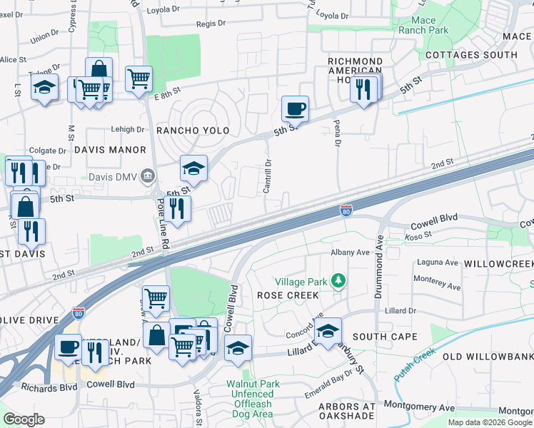 map of restaurants, bars, coffee shops, grocery stores, and more near 2nd Street in Davis