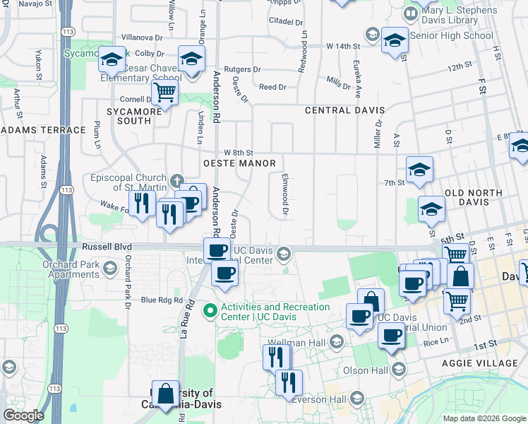 map of restaurants, bars, coffee shops, grocery stores, and more near 611 Sunset Court in Davis