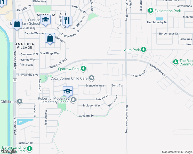 map of restaurants, bars, coffee shops, grocery stores, and more near 4243 Parnassus Drive in Rancho Cordova