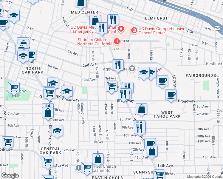 map of restaurants, bars, coffee shops, grocery stores, and more near 4315 4th Avenue in Sacramento
