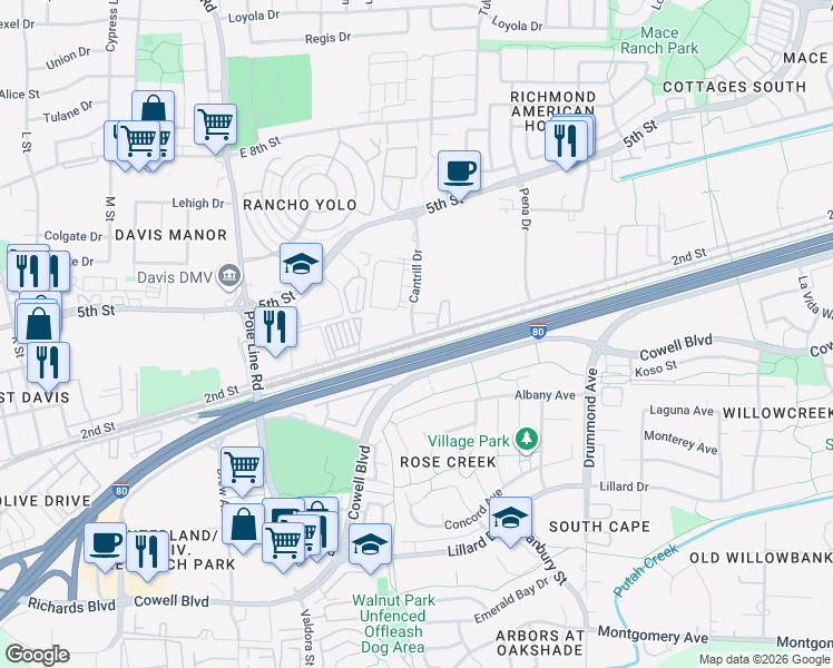 map of restaurants, bars, coffee shops, grocery stores, and more near 2537 2nd Street in Davis