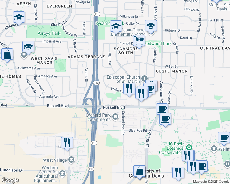 map of restaurants, bars, coffee shops, grocery stores, and more near 1419 Wake Forest Drive in Davis