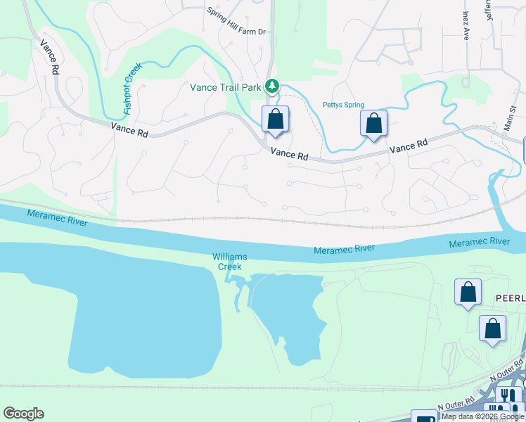map of restaurants, bars, coffee shops, grocery stores, and more near 405 Bethany Court in Valley Park