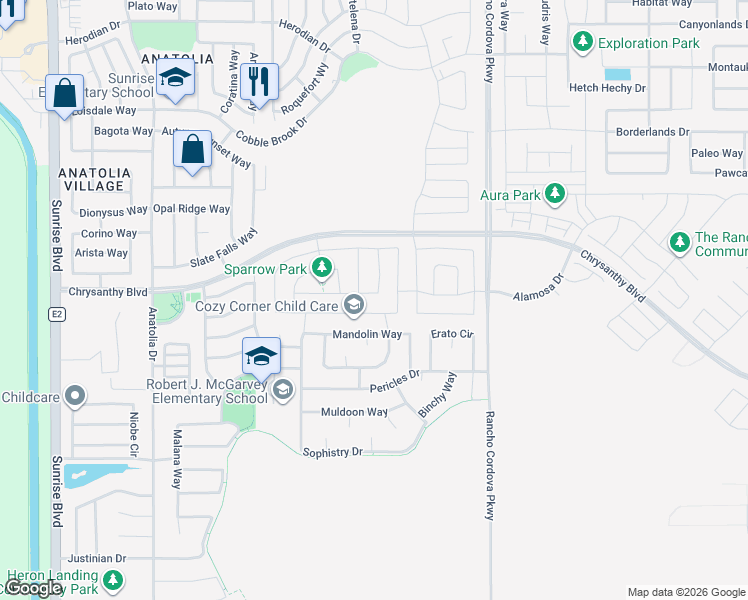 map of restaurants, bars, coffee shops, grocery stores, and more near 4243 Parnassus Drive in Rancho Cordova