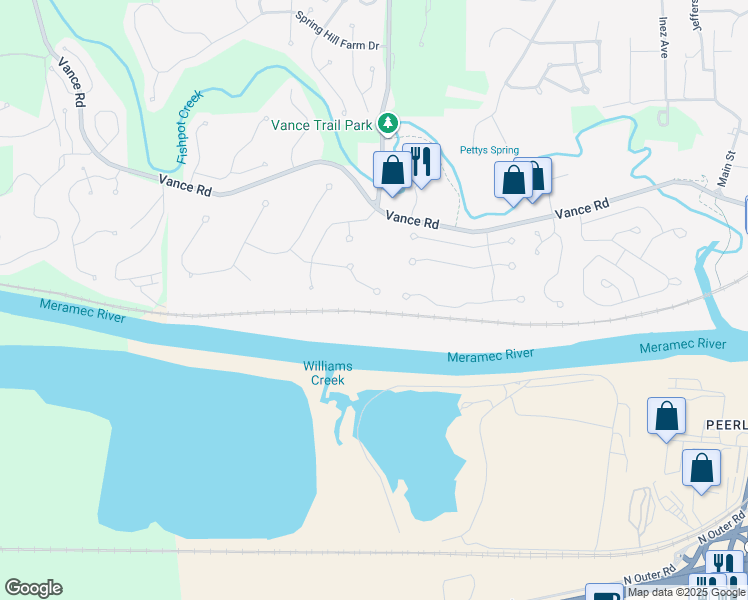 map of restaurants, bars, coffee shops, grocery stores, and more near 408 Bethany Court in Valley Park