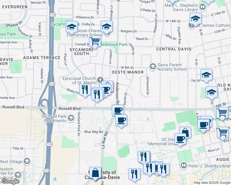 map of restaurants, bars, coffee shops, grocery stores, and more near 609 Anderson Road in Davis