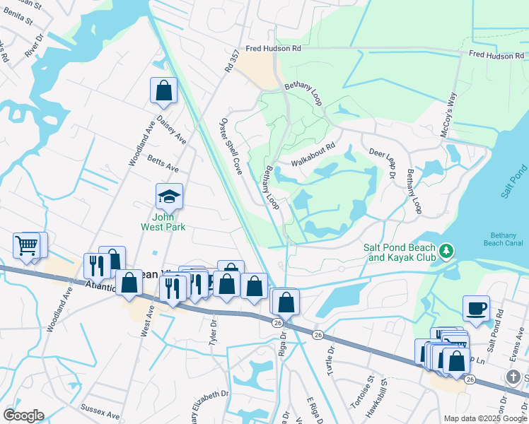 map of restaurants, bars, coffee shops, grocery stores, and more near 274 Oyster Shell Cove in Bethany Beach