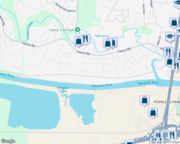 map of restaurants, bars, coffee shops, grocery stores, and more near 474 Xavier Court in Valley Park