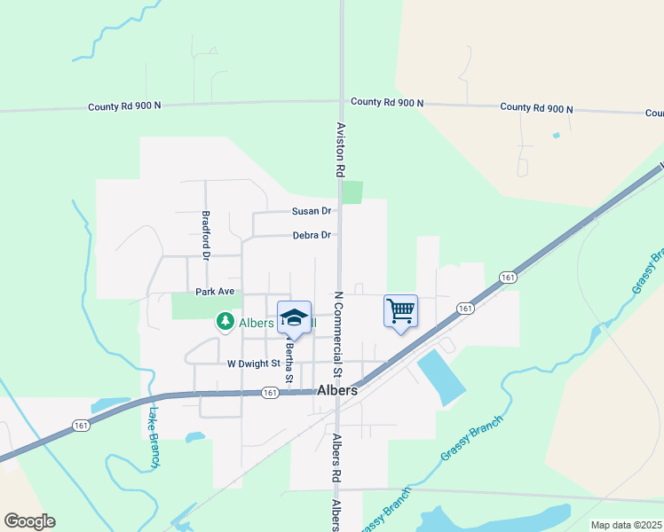 map of restaurants, bars, coffee shops, grocery stores, and more near 607 North Broadway in Albers