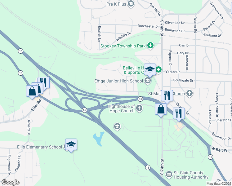 map of restaurants, bars, coffee shops, grocery stores, and more near 7625 Westchester Drive in Belleville