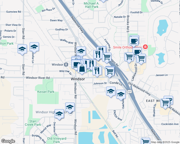 map of restaurants, bars, coffee shops, grocery stores, and more near 701 McClelland Drive in Windsor