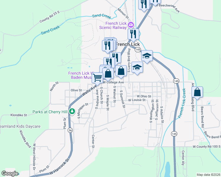 map of restaurants, bars, coffee shops, grocery stores, and more near 556 South Maple Street in French Lick