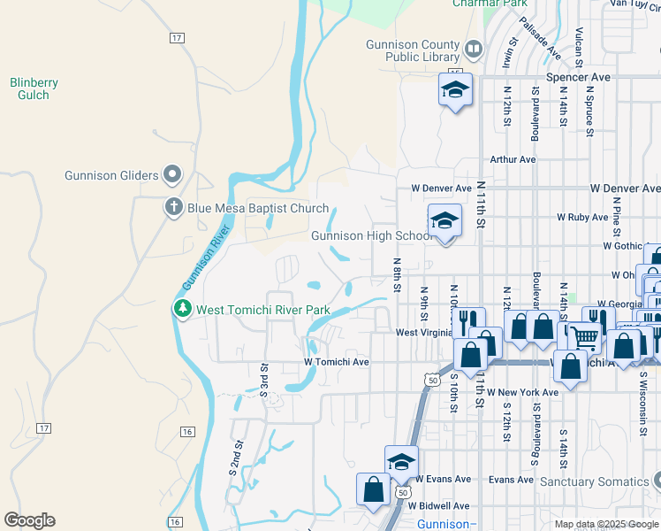 map of restaurants, bars, coffee shops, grocery stores, and more near 1313 West Ohio Avenue in Gunnison