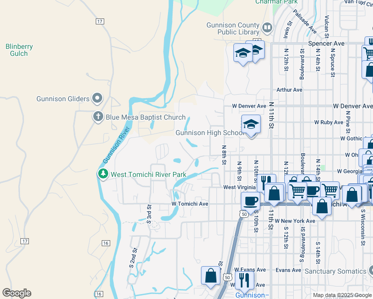 map of restaurants, bars, coffee shops, grocery stores, and more near 1313 West Ohio Avenue in Gunnison