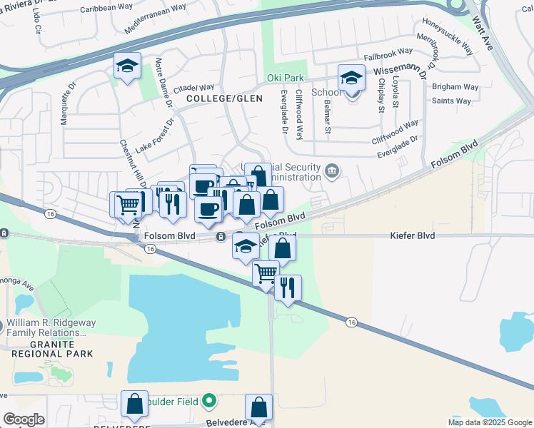 map of restaurants, bars, coffee shops, grocery stores, and more near 8505 Folsom Boulevard in Sacramento