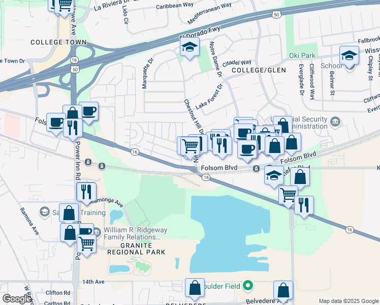 map of restaurants, bars, coffee shops, grocery stores, and more near 3138 Maryknoll Court in Sacramento